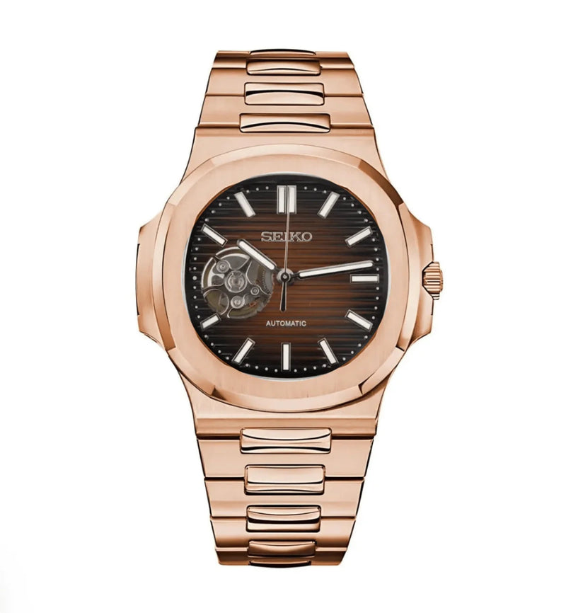 Nautilus-style Chocolate Open Heart NH38 automatic watch with brown dial and aperture, front view