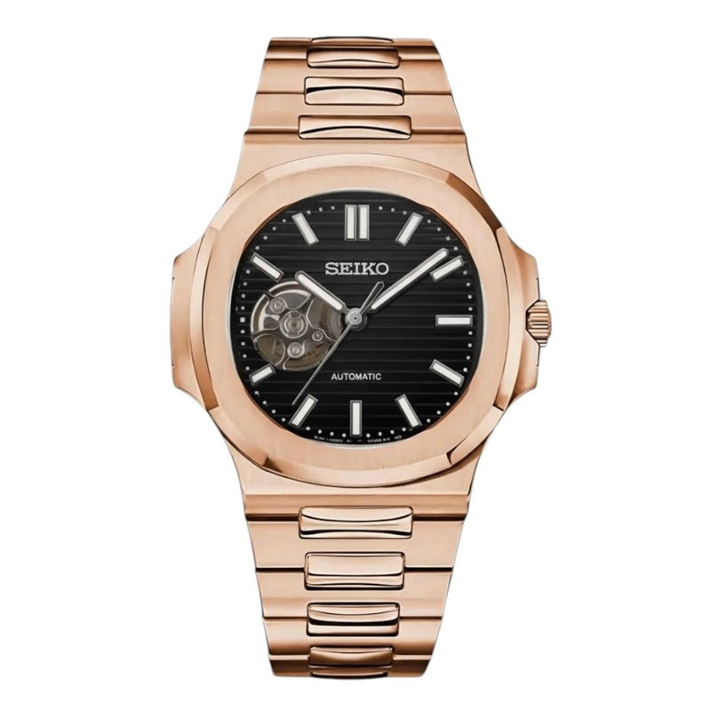 ModTime Nautilus-style Black Open Heart NH38 automatic watch, black dial, rose-gold-tone bezel, front view