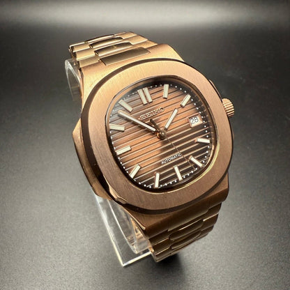 Nautilus Mod Rose Gold Brown Dial rose gold and gold Seiko mod style watch with NH35 automatic movement by ModTime - side profile
