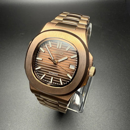 Nautilus Mod Rose Gold Brown Dial rose gold and gold Seiko mod style watch with NH35 automatic movement by ModTime - case and bracelet detail