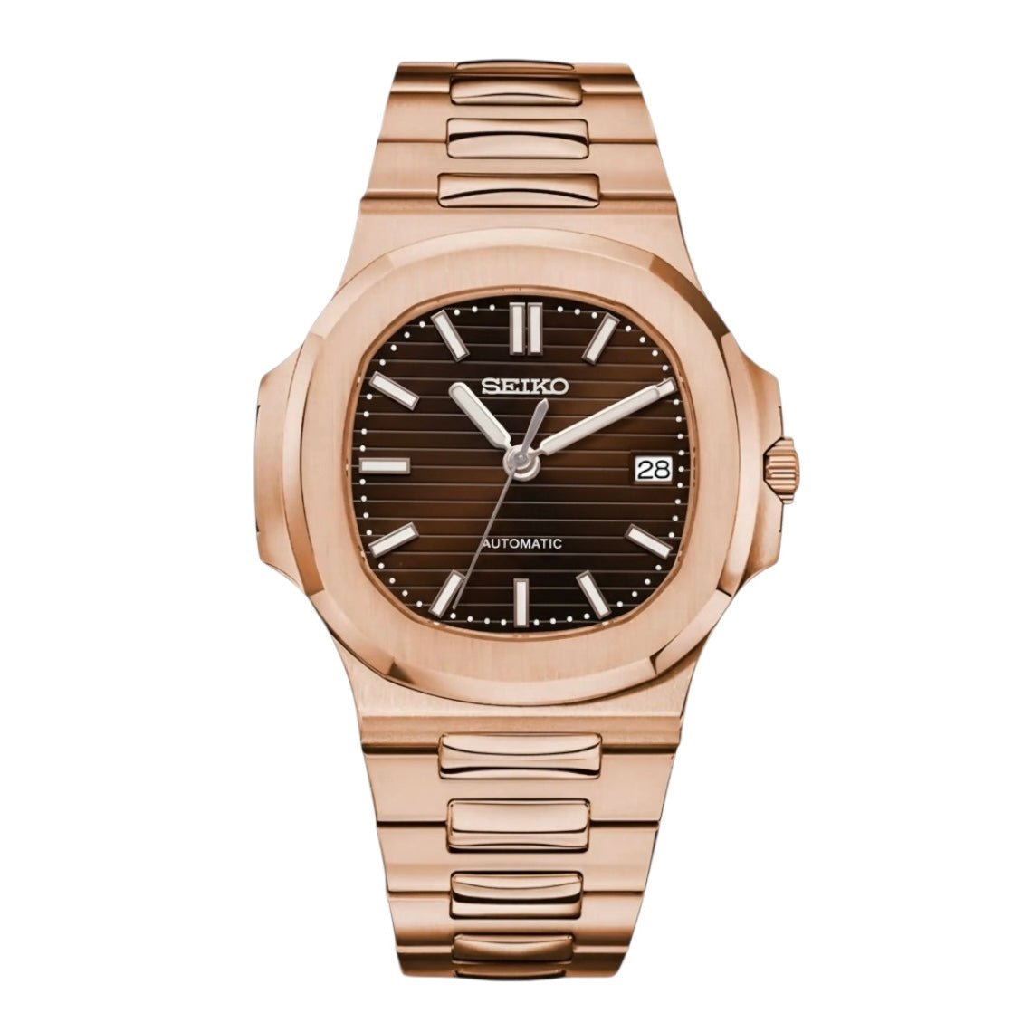Nautilus Mod Rose Gold Brown Dial rose gold and gold Seiko mod style watch with NH35 automatic movement by ModTime - front product view