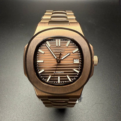 Nautilus Mod Rose Gold Brown Dial rose gold and gold Seiko mod style watch with NH35 automatic movement by ModTime - dial detail