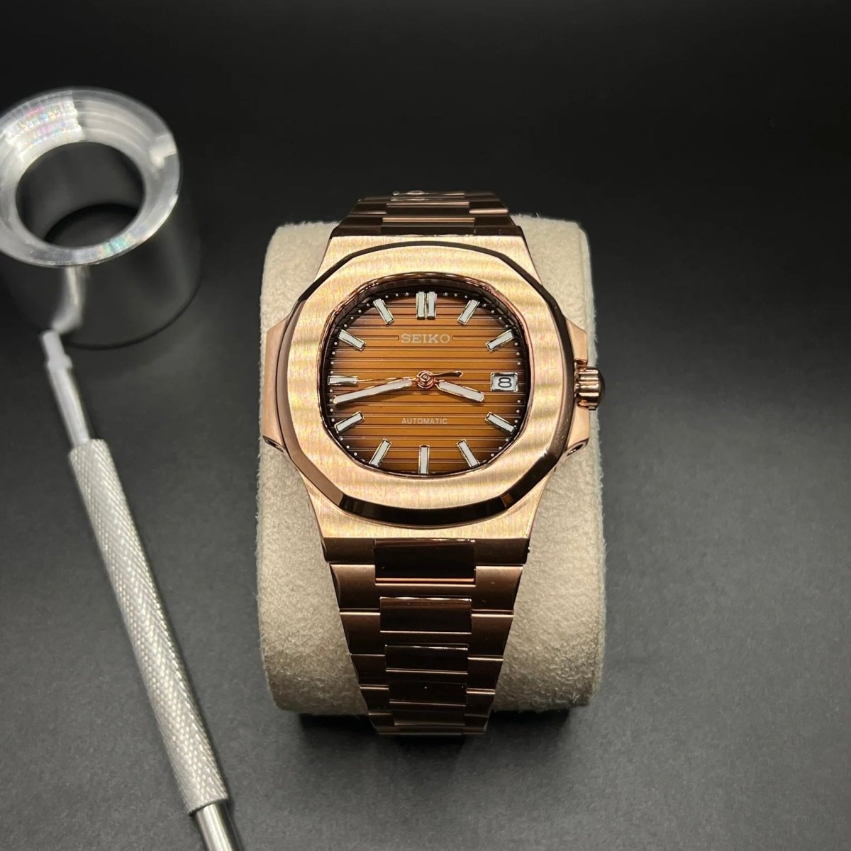 Nautilus Mod Rose Gold Brown Dial rose gold and gold Seiko mod style watch with NH35 automatic movement by ModTime - angled dial view