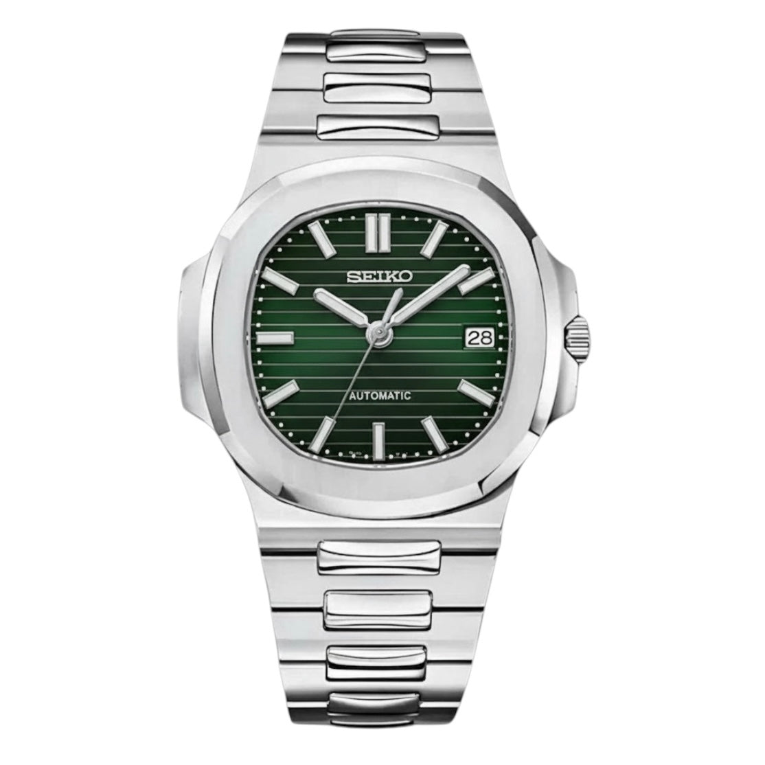 Nautilus Mod Shrek Green Dial green integrated bracelet Seiko mod style watch with NH35 automatic movement by ModTime - front product view