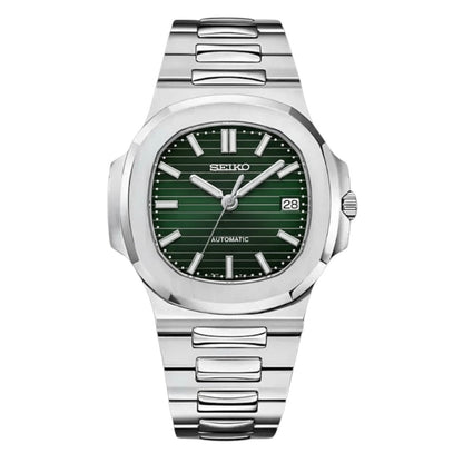 Nautilus Mod Shrek Green Dial green integrated bracelet Seiko mod style watch with NH35 automatic movement by ModTime - front product view