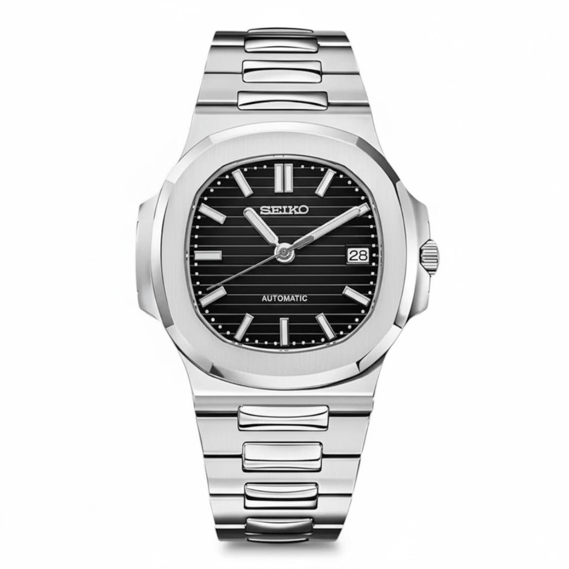Nautilus Mod Silver Black Dial silver and black integrated bracelet Seiko mod style watch with NH35 automatic movement by ModTime - front product view