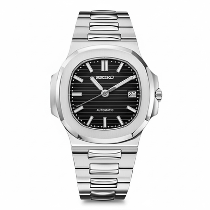 Nautilus Mod Silver Black Dial silver and black integrated bracelet Seiko mod style watch with NH35 automatic movement by ModTime - front product view