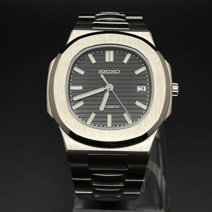 Nautilus Mod Silver Black Dial silver and black integrated bracelet Seiko mod style watch with NH35 automatic movement by ModTime - angled dial view