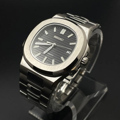 Nautilus Mod Silver Black Dial silver and black integrated bracelet Seiko mod style watch with NH35 automatic movement by ModTime - dial detail