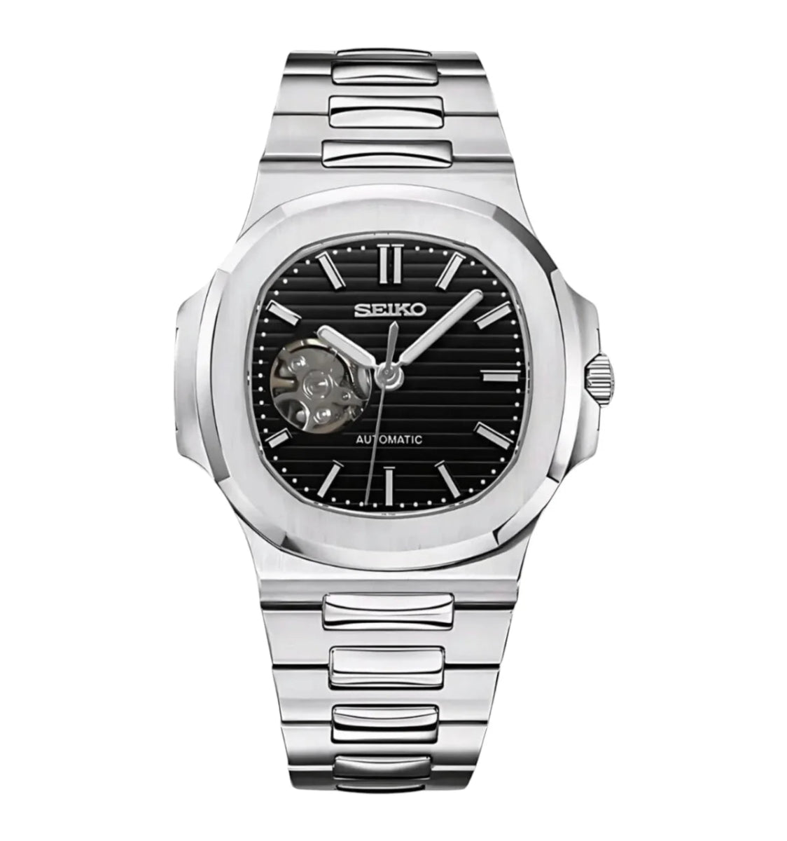 Nautilus Mod Silver Black Open Heart Dial silver and black Seiko mod style watch with NH38 open-heart movement by ModTime - front product view