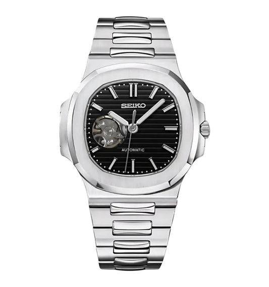 Seiko Mod Nautilus Silver Case Black Open Heart Dial, NH38 Automatic Movement, Sapphire Crystal, 904L Stainless Steel ModTime
