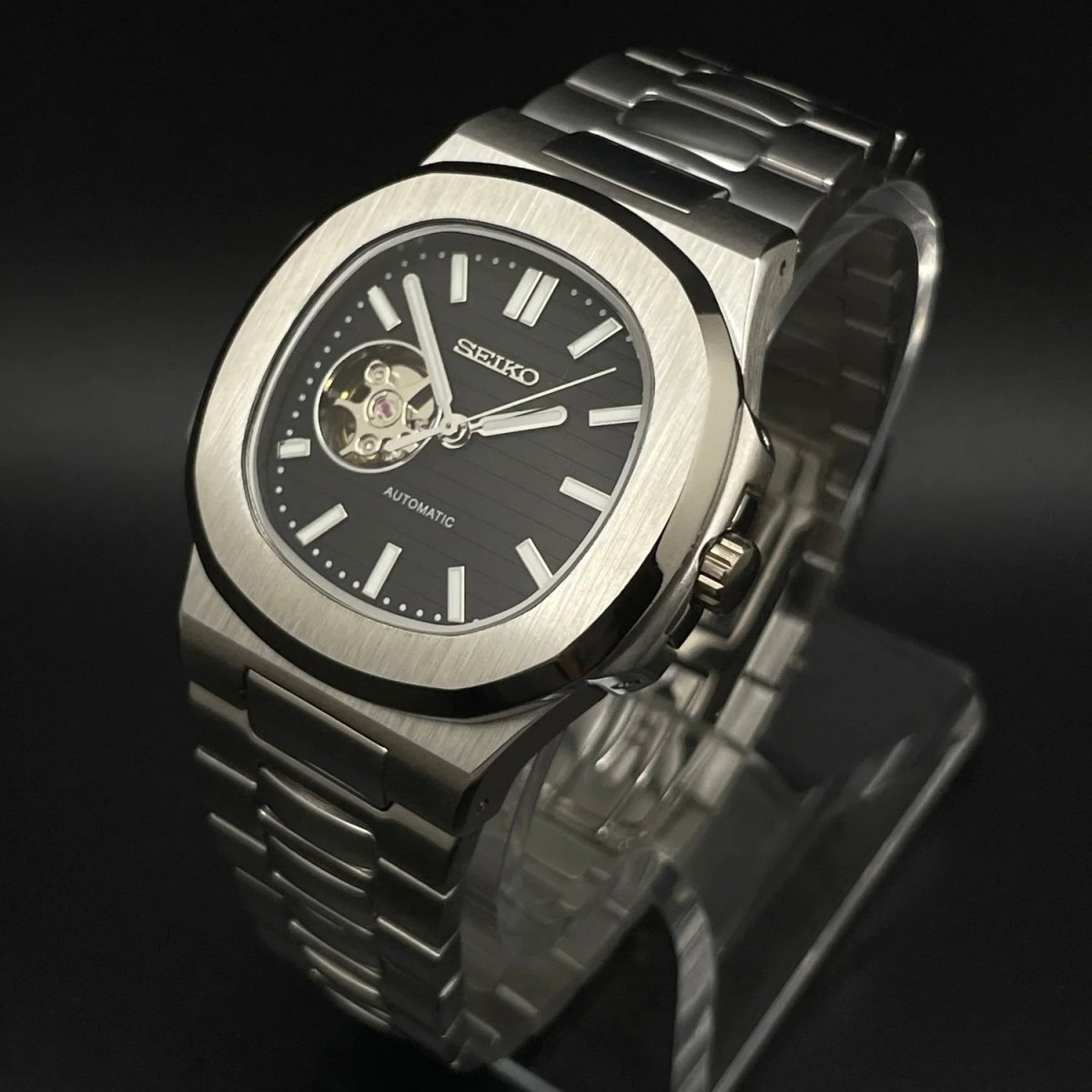 Nautilus Mod Silver Black Open Heart Dial silver and black Seiko mod style watch with NH38 open-heart movement by ModTime - dial detail