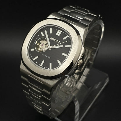 Nautilus Mod Silver Black Open Heart Dial silver and black Seiko mod style watch with NH38 open-heart movement by ModTime - dial detail