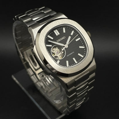 Nautilus Mod Silver Black Open Heart Dial silver and black Seiko mod style watch with NH38 open-heart movement by ModTime - case and bracelet detail