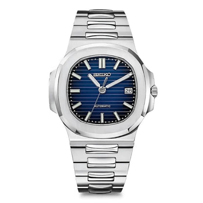 Seiko Mod Nautilus Silver Case Blue Dial, NH35 Automatic Movement, Sapphire Crystal, 904L Stainless Steel - ModTime