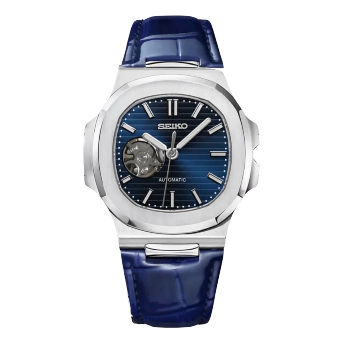 ModTime silver and blue Nautilus Mod Silver Blue Open Heart Dial Leather Strap watch travel accessory for custom watches - front product view
