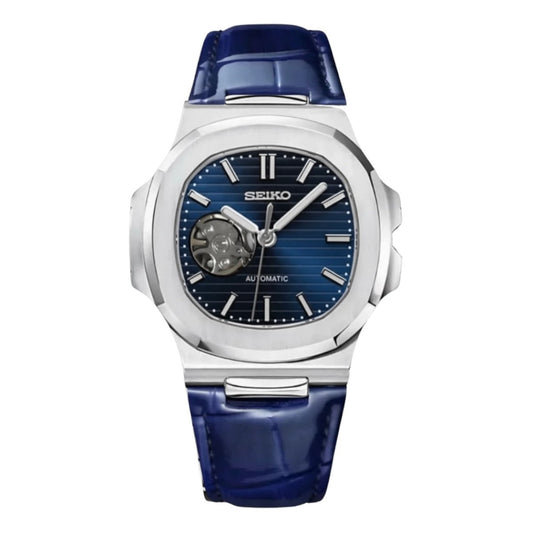 Seiko Mod Nautilus Silver Case Blue Open Heart Dial Leather Strap, NH38 Automatic Movement, Sapphire Crystal, 904L Steel