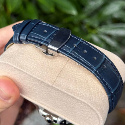 ModTime silver and blue Nautilus Mod Silver Blue Open Heart Dial Leather Strap watch travel accessory for custom watches - side profile
