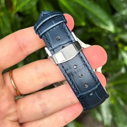 ModTime silver and blue Nautilus Mod Silver Blue Open Heart Dial Leather Strap watch travel accessory for custom watches - wrist or lifestyle view