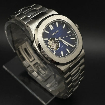 Nautilus Mod Silver Blue Open Heart Dial silver and blue Seiko mod style watch with NH38 open-heart movement by ModTime - case and bracelet detail