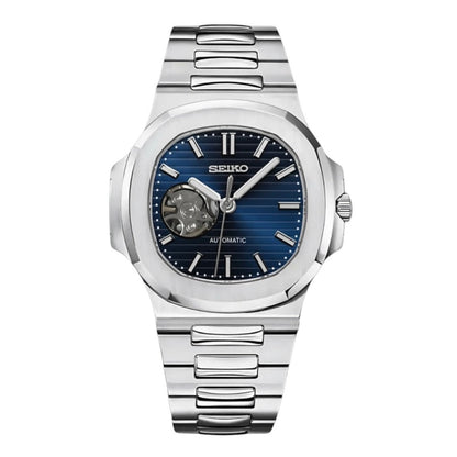 Nautilus Mod Silver Blue Open Heart Dial silver and blue Seiko mod style watch with NH38 open-heart movement by ModTime - front product view