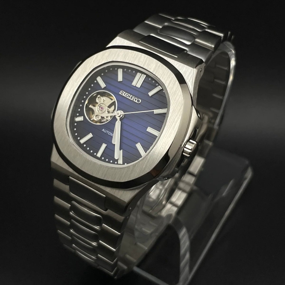 Nautilus Mod Silver Blue Open Heart Dial silver and blue Seiko mod style watch with NH38 open-heart movement by ModTime - dial detail