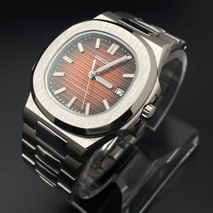Seiko Mod Nautilus Silver CaseCherry Red Dial, NH35 Automatic Movement, Sapphire Crystal, 904L Stainless Steel - ModTime