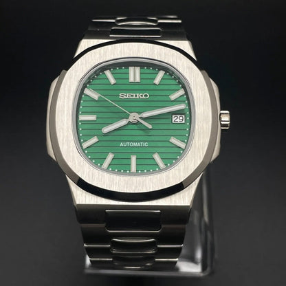 Nautilus Mod Silver Emerald Green Dial silver and green Seiko mod style watch with NH35 automatic movement by ModTime - angled dial view