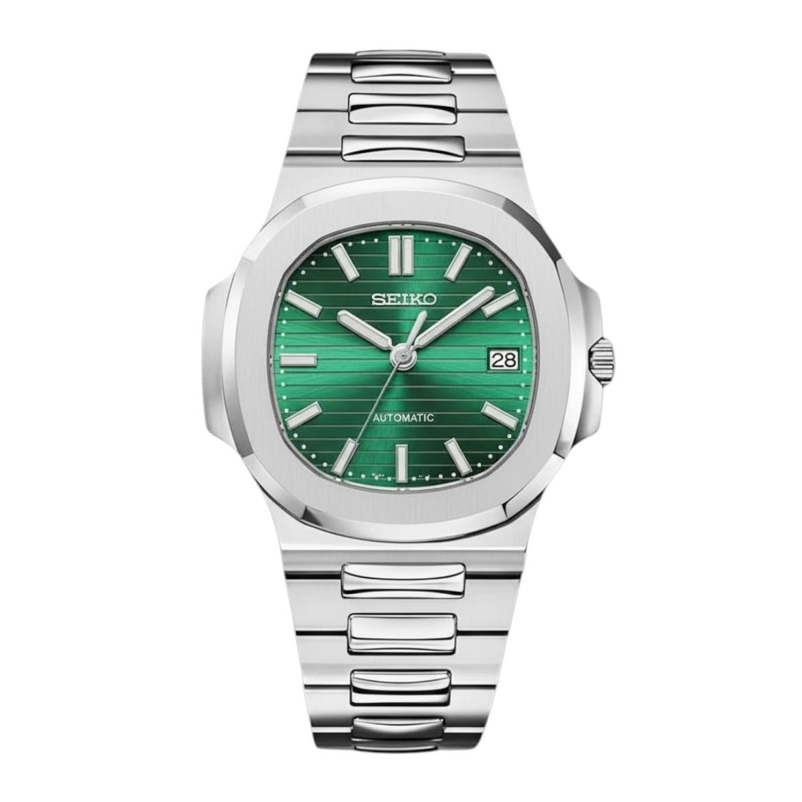 Nautilus Mod Silver Emerald Green Dial silver and green Seiko mod style watch with NH35 automatic movement by ModTime - front product view