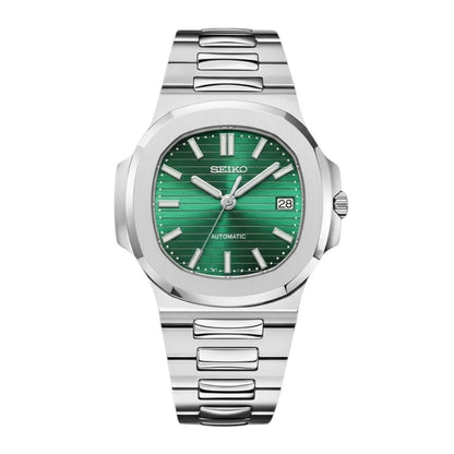 Nautilus Mod Silver Emerald Green Dial silver and green Seiko mod style watch with NH35 automatic movement by ModTime - front product view