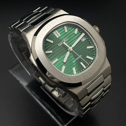 Nautilus Mod Silver Emerald Green Dial silver and green Seiko mod style watch with NH35 automatic movement by ModTime - case and bracelet detail
