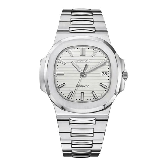 Seiko Mod Nautilus Silver Case Snow White Dial, NH35 Automatic Movement, Sapphire Crystal, 904L Stainless Steel - ModTime