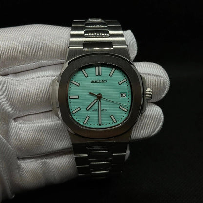 Nautilus Mod Silver Tiffany Blue Dial silver and blue integrated bracelet Seiko mod style watch with NH35 automatic movement by ModTime - side profile