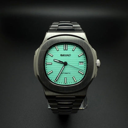 Nautilus Mod Silver Tiffany Blue Dial silver and blue integrated bracelet Seiko mod style watch with NH35 automatic movement by ModTime - angled dial view