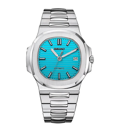 Nautilus Mod Silver Tiffany Blue Dial silver and blue Seiko mod style watch with NH35 automatic movement by ModTime - front product view