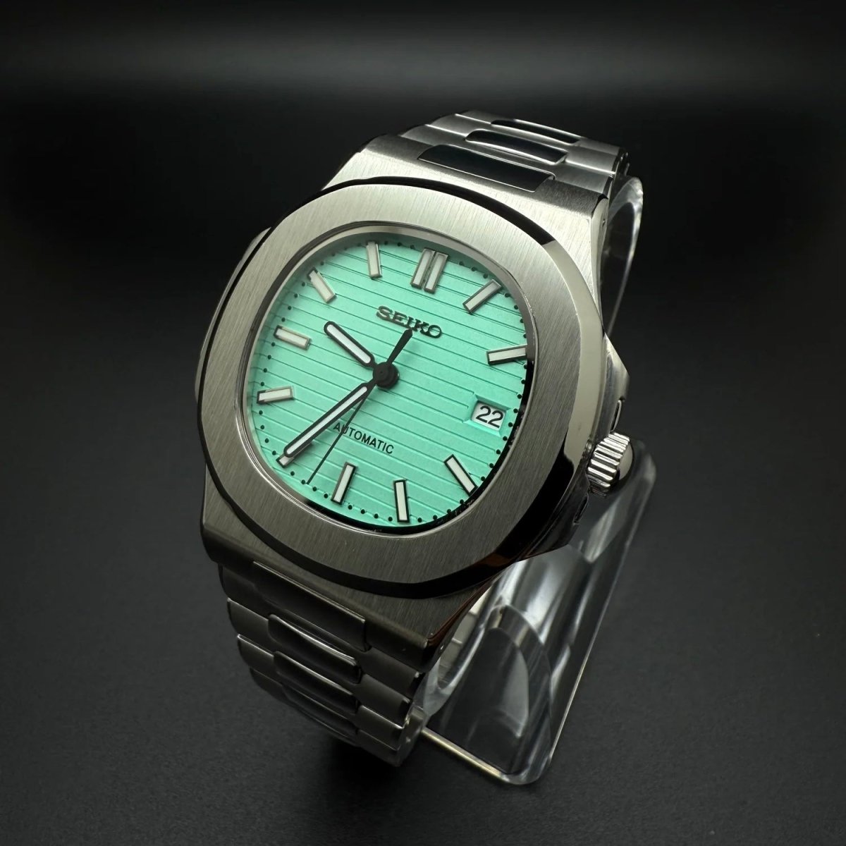 Nautilus Mod Silver Tiffany Blue Dial silver and blue integrated bracelet Seiko mod style watch with NH35 automatic movement by ModTime - dial detail