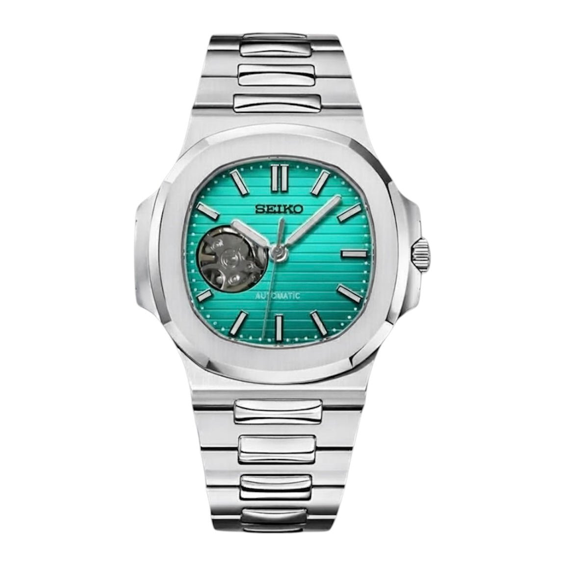 Seiko Mod Nautilus Silver Tiffany Blue Open Heart Dial, NH38 Automatic Movement, Sapphire Crystal, 904L Stainless Steel
