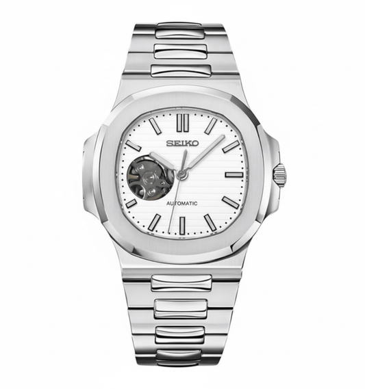Seiko Mod Nautilus Silver Case White Open Heart Dial, NH38 Automatic Movement, Sapphire Crystal, 904L Stainless Steel ModTime
