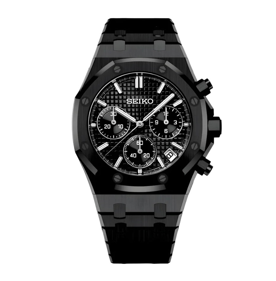 Royal Oak Chronograph Mod All Black black integrated bracelet Seiko mod style watch with VK63 movement by ModTime - front product view