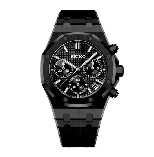 Royal Oak Chronograph Mod All Black black integrated bracelet Seiko mod style watch with VK63 movement by ModTime - front product view