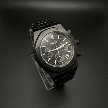 Royal Oak Chronograph Mod All Black black integrated bracelet Seiko mod style watch with VK63 movement by ModTime - case and bracelet detail