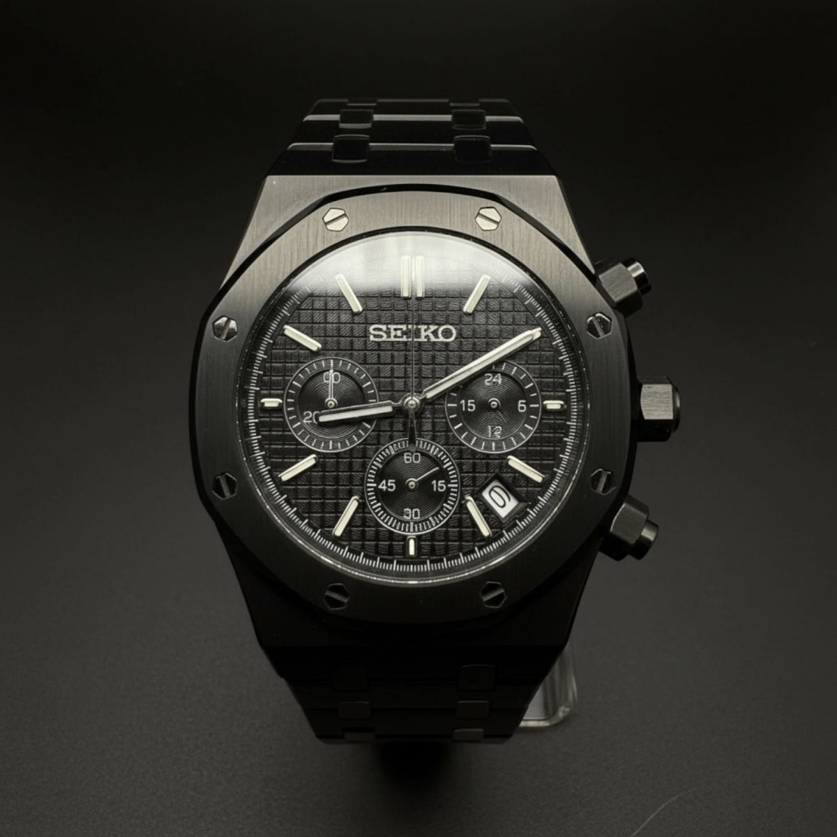 Royal Oak Chronograph Mod All Black black integrated bracelet Seiko mod style watch with VK63 movement by ModTime - angled dial view