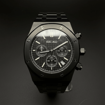 Royal Oak Chronograph Mod All Black black integrated bracelet Seiko mod style watch with VK63 movement by ModTime - angled dial view