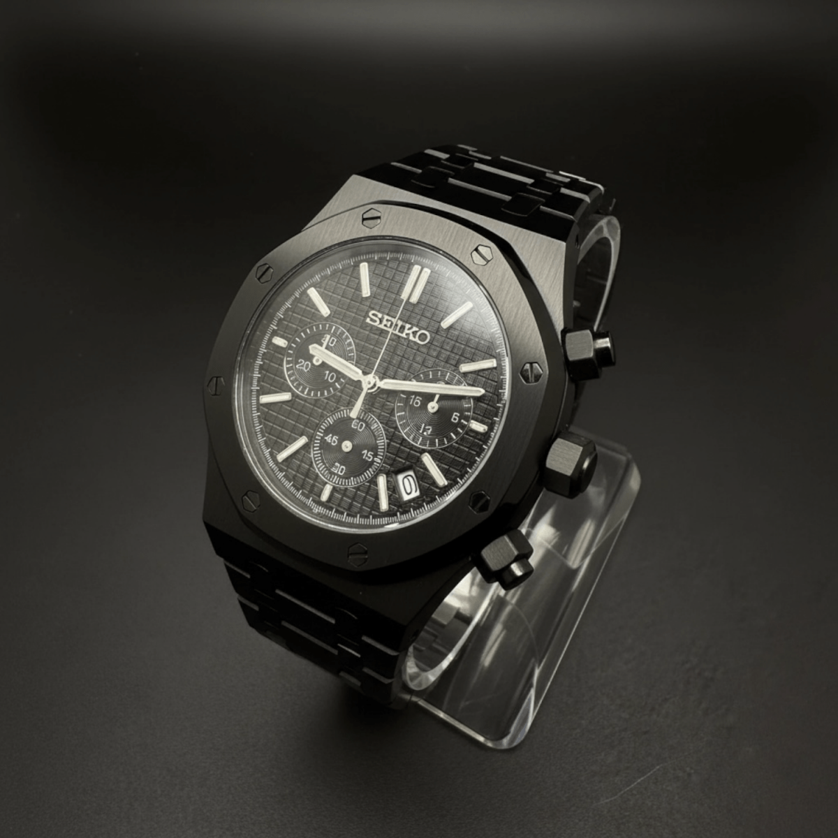 Royal Oak Chronograph Mod All Black black integrated bracelet Seiko mod style watch with VK63 movement by ModTime - dial detail