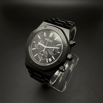 Royal Oak Chronograph Mod All Black black integrated bracelet Seiko mod style watch with VK63 movement by ModTime - dial detail