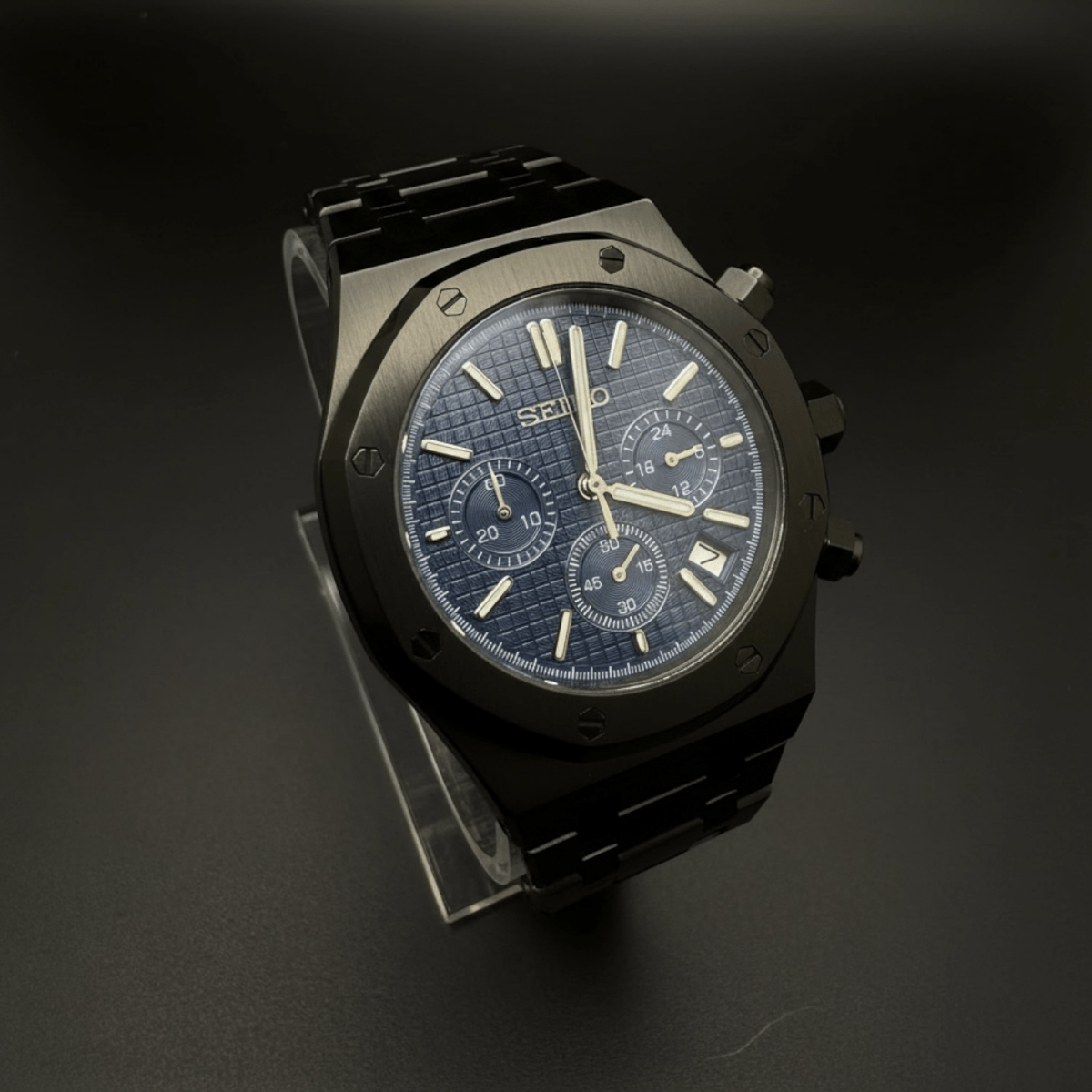 Seiko Mod Royal Oak Style Black Blue Dial Chronograph black and blue Seiko mod style watch with VK63 movement by ModTime - case and bracelet detail