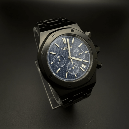 Seiko Mod Royal Oak Style Black Blue Dial Chronograph black and blue Seiko mod style watch with VK63 movement by ModTime - case and bracelet detail