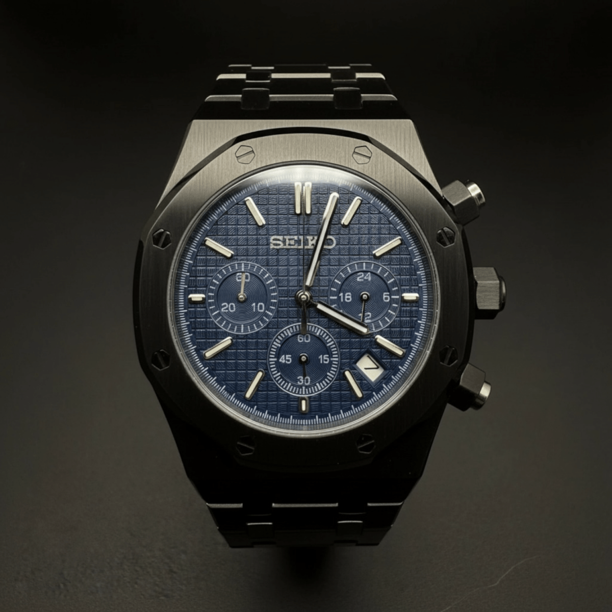 Seiko Mod Royal Oak Style Black Blue Dial Chronograph black and blue Seiko mod style watch with VK63 movement by ModTime - angled dial view