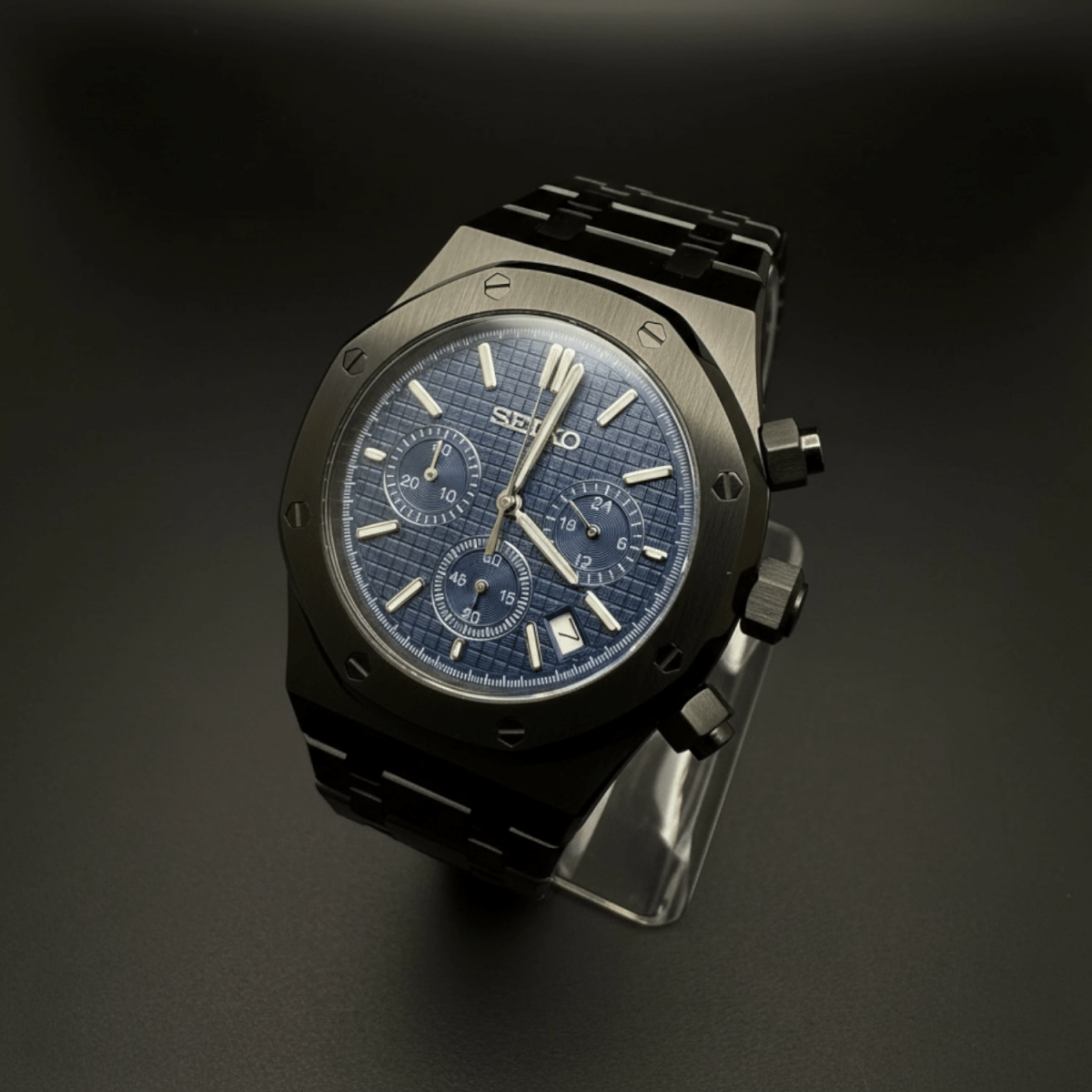 Seiko Mod Royal Oak Style Black Blue Dial Chronograph black and blue integrated bracelet Seiko mod style watch with VK63 movement by ModTime - dial detail