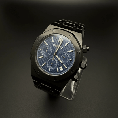 Seiko Mod Royal Oak Style Black Blue Dial Chronograph black and blue integrated bracelet Seiko mod style watch with VK63 movement by ModTime - dial detail